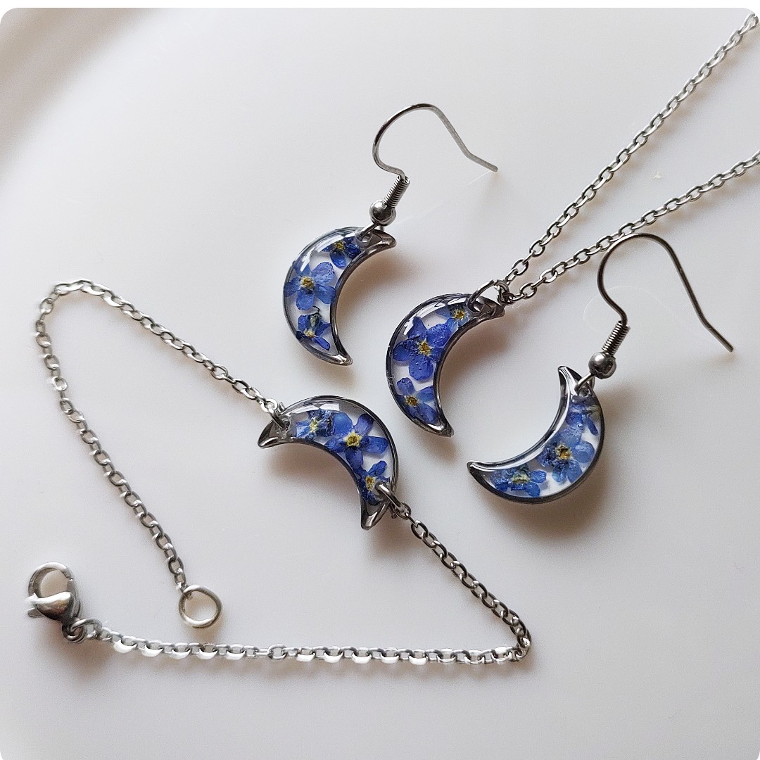 Komplet biżuterii księżyce z niezapominajkami